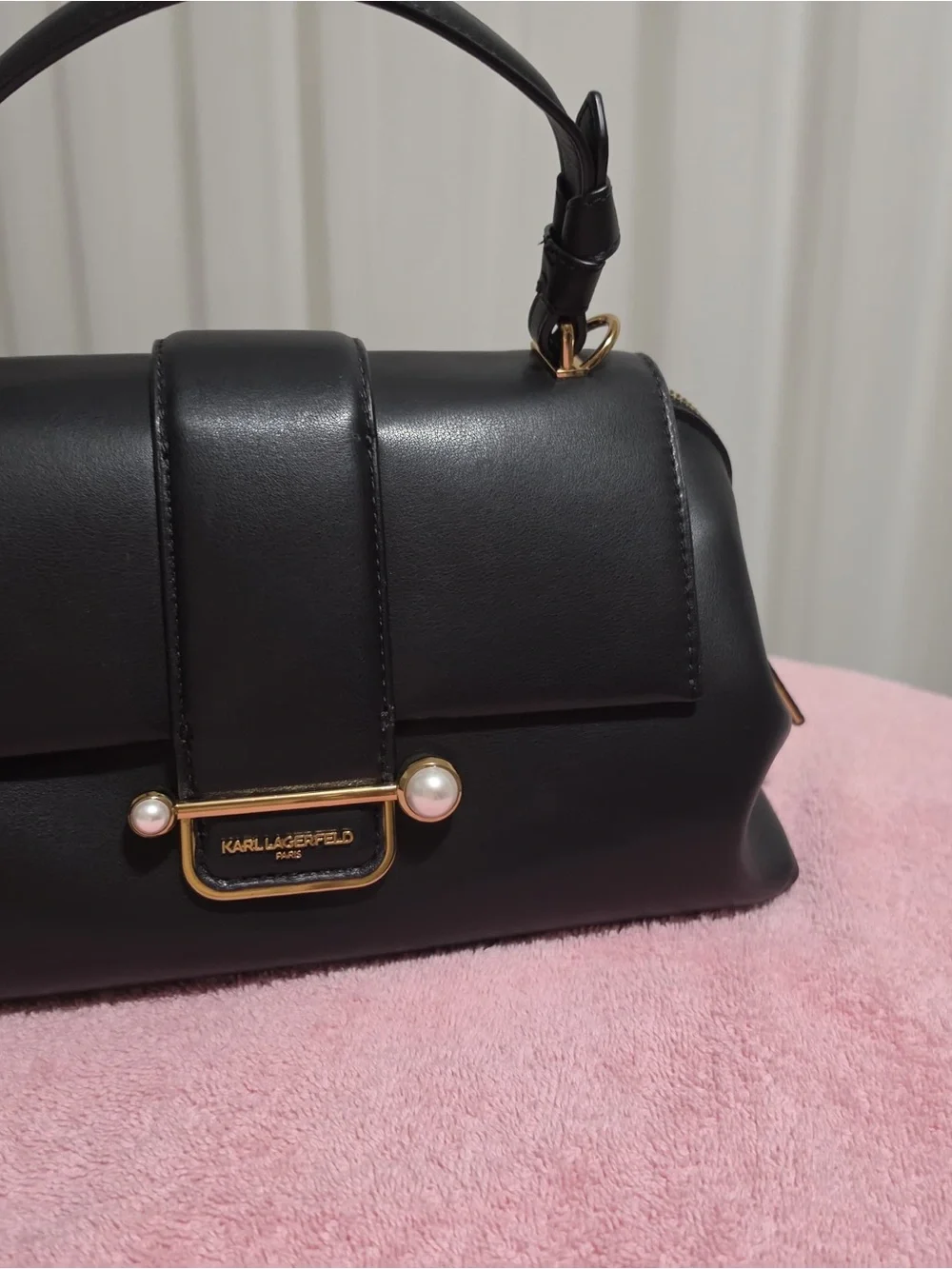 Karl Lagerfeld Black Leather Satchel with Pearl and Gold Accents - Picture 3 of 13